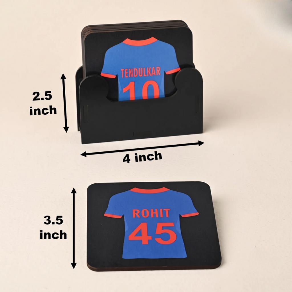 Coaster Set of 6 Cricket Themed Gifts with Proper Coaster Stand Designer Coaster Set fit for Tea Cups, Coffee Mugs and Glasses (Square 3.8 X 3.8 Inch) (Indian Cricket Team Jersey)