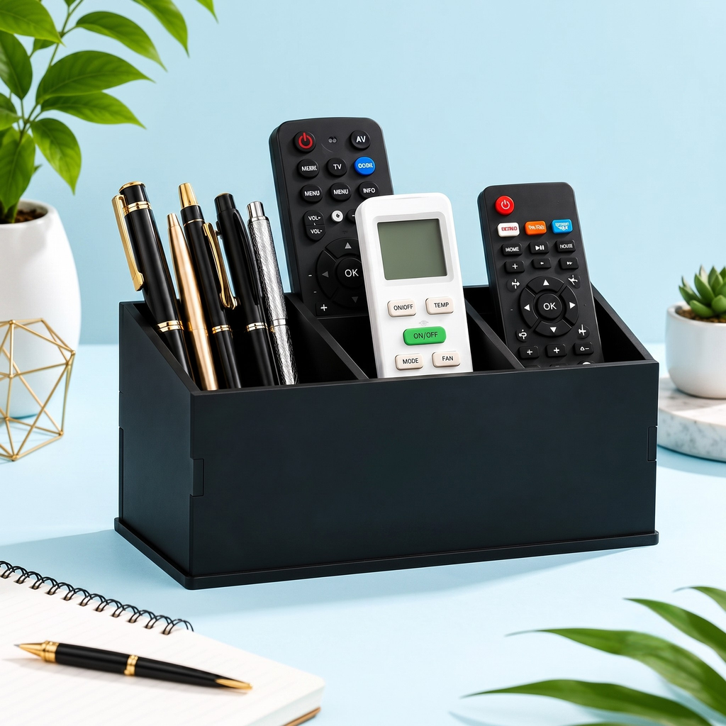 Remote Stand with 5 Sections | Wooden Remote Holder for Living Room, TV, and AC | Stationary Organizer | 5 in 1 | Ideal for Home and Office, Housewarming Gift (Black Rajasthan)