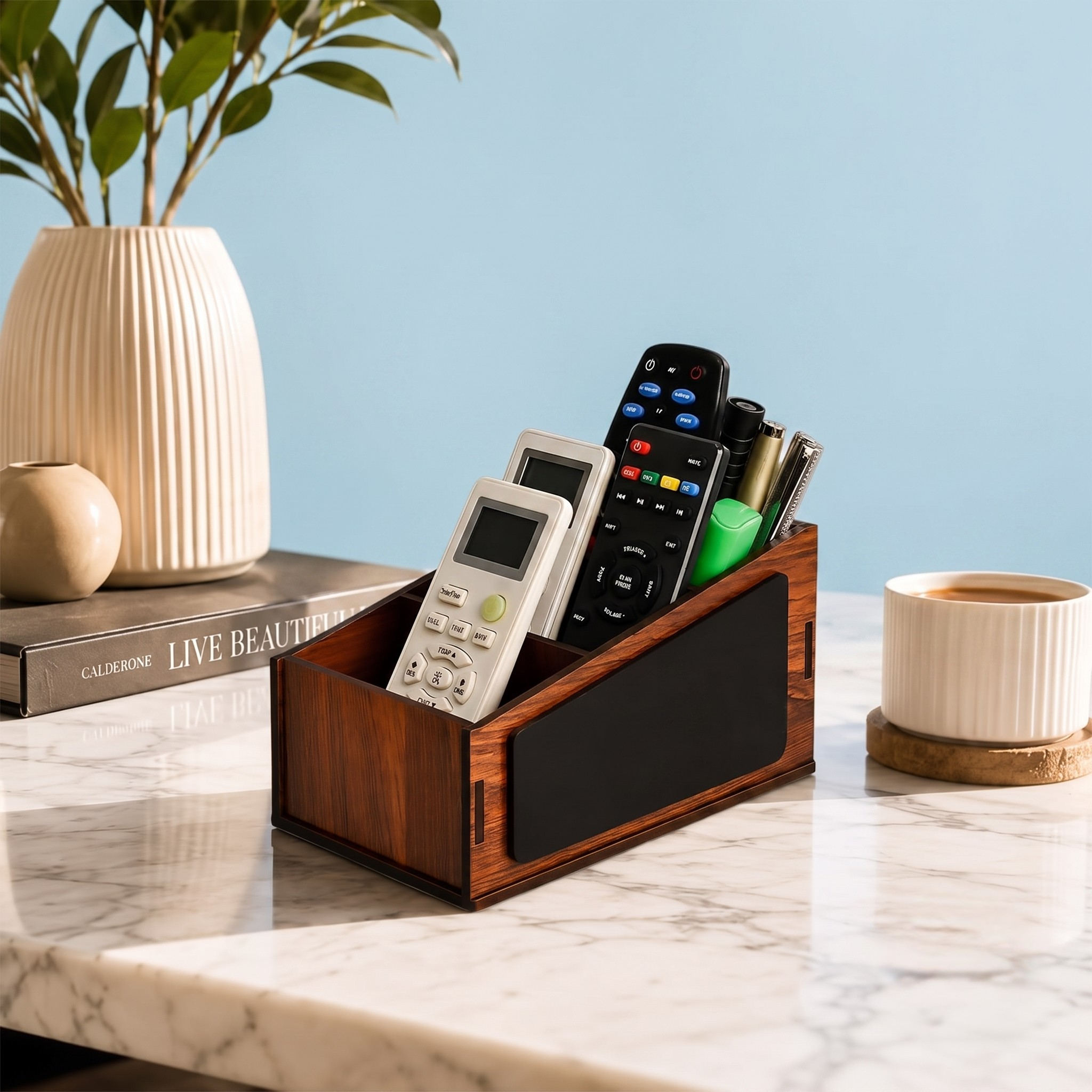 Remote Stand with 5 Sections | Wooden Remote Holder for Living Room, TV, and AC | Stationary Organizer | 5 in 1 | Ideal for Home and Office, Housewarming Gift (Black Rajasthan)
