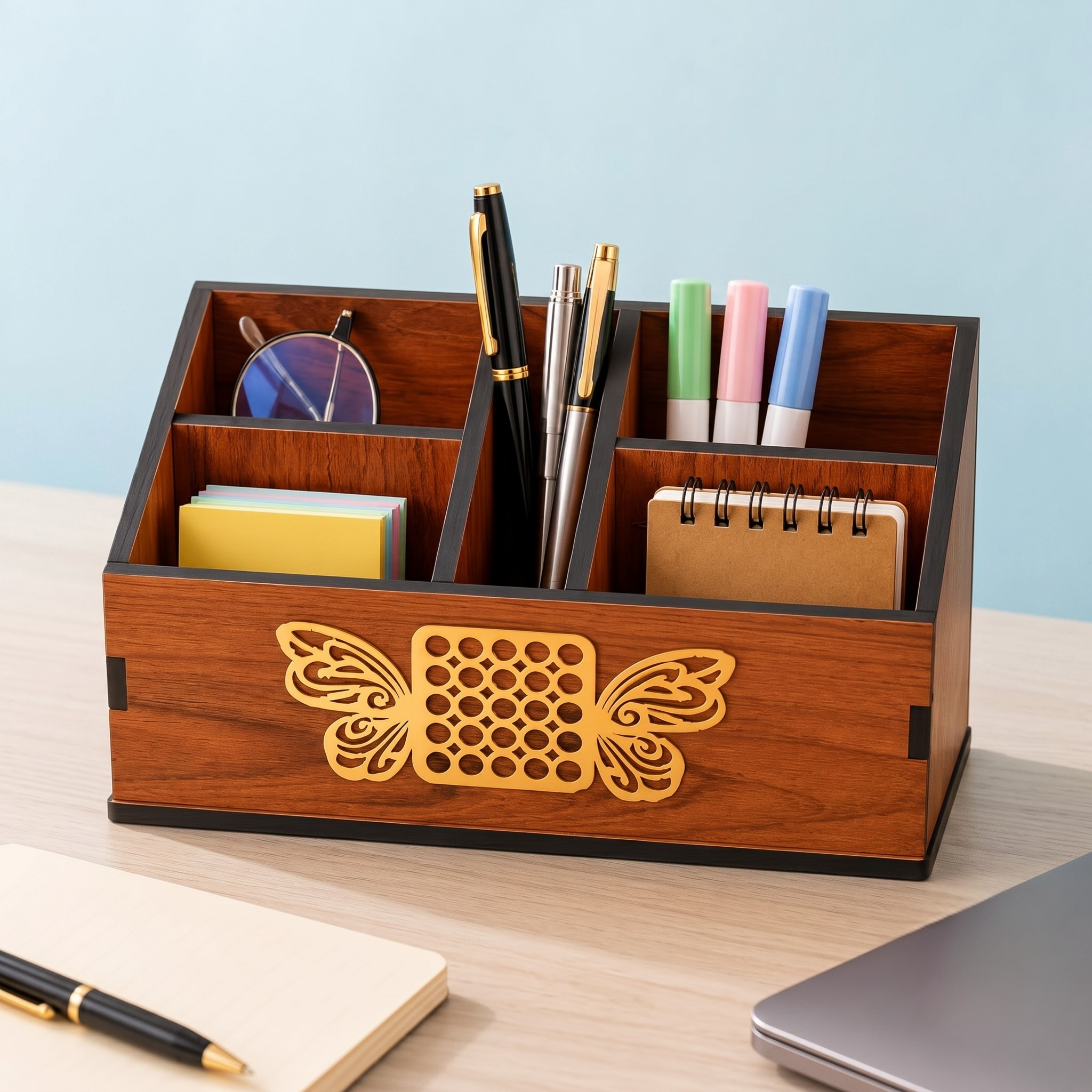 Remote Stand with 5 Sections | Wooden Remote Holder for Living Room, TV, and AC | Stationary Organizer | 5 in 1 | Ideal for Home and Office, Housewarming Gift (Brown Butterfly)