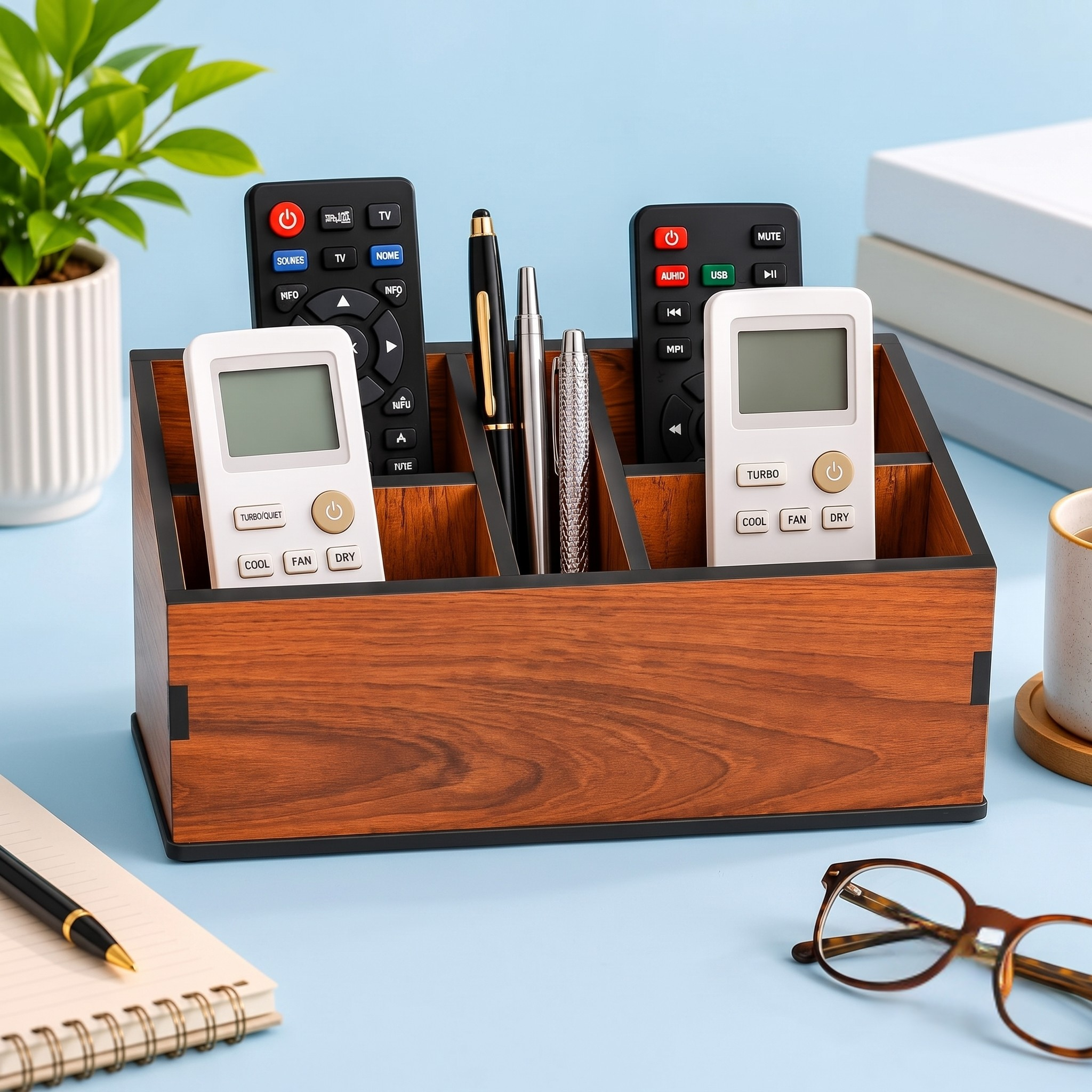 Remote Stand with 5 Sections | Wooden Remote Holder for Living Room, TV, and AC | Stationary Organizer | 5 in 1 | Ideal for Home and Office, Housewarming Gift (Brown Butterfly)