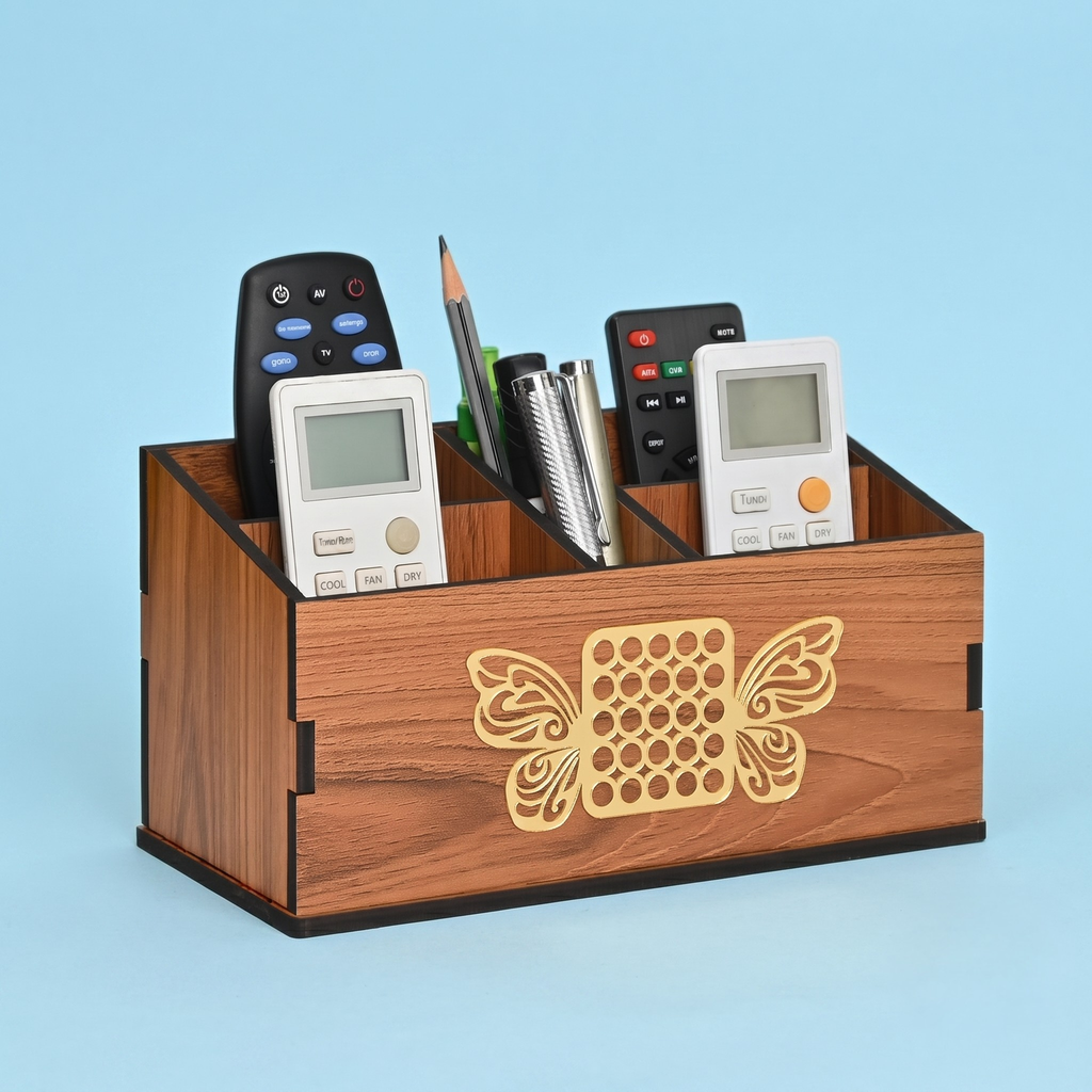 Remote Stand with 5 Sections | Wooden Remote Holder for Living Room, TV, and AC | Stationary Organizer | 5 in 1 | Ideal for Home and Office, Housewarming Gift (Brown Butterfly)