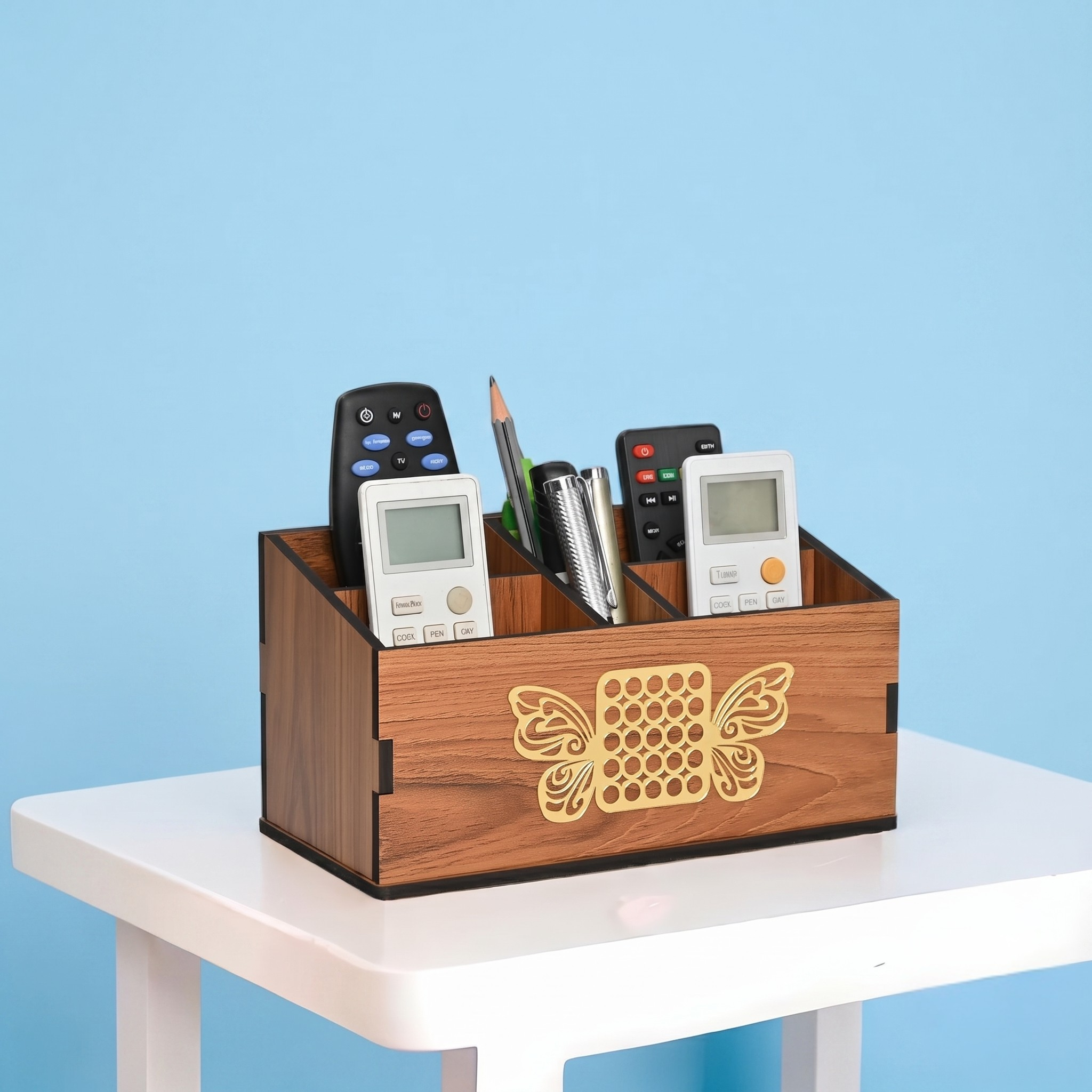 Remote Stand with 5 Sections | Wooden Remote Holder for Living Room, TV, and AC | Stationary Organizer | 5 in 1 | Ideal for Home and Office, Housewarming Gift (Brown Butterfly)