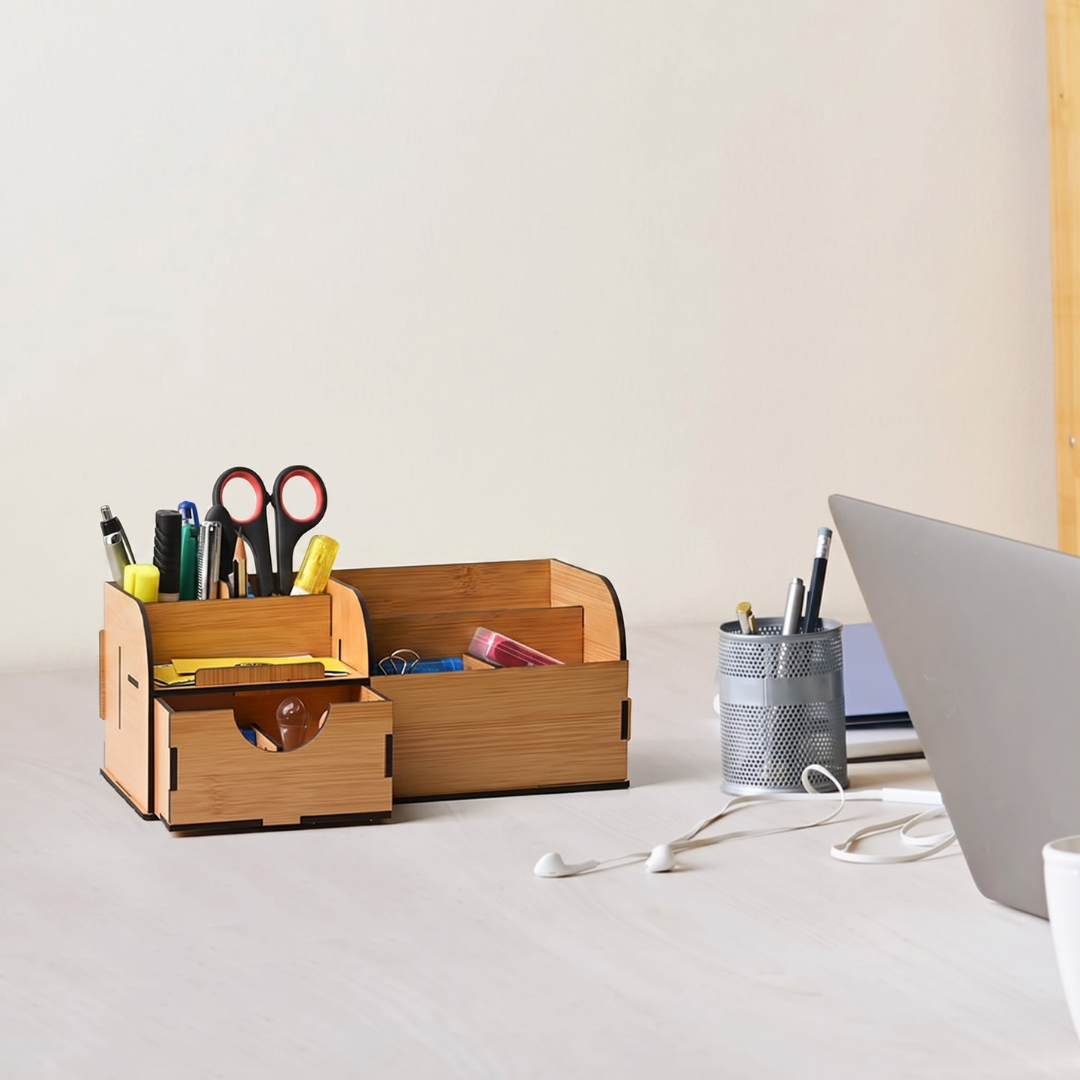 Desk Organizer Multifunctional Office Table Accessories, Stationary Organizer 9 compartment wooden desk organizer with drawer (Bamboo Eco-friendly)