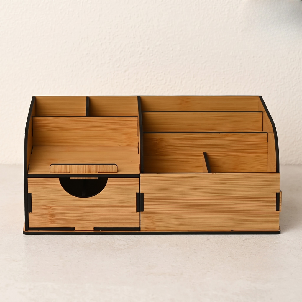 Desk Organizer Multifunctional Office Table Accessories, Stationary Organizer 9 compartment wooden desk organizer with drawer (Bamboo Eco-friendly)