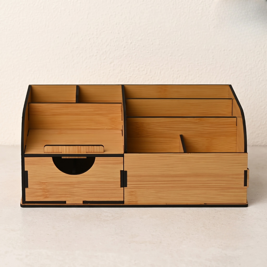Desk Organizer Multifunctional Office Table Accessories, Stationary Organizer 9 compartment wooden desk organizer with drawer (Bamboo Eco-friendly)
