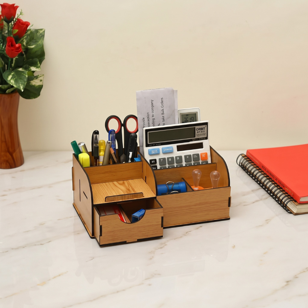 Desk Organizer Multifunctional Office Table Accessories, Stationary Organizer 9 compartment wooden desk organizer with drawer (Bamboo Eco-friendly)