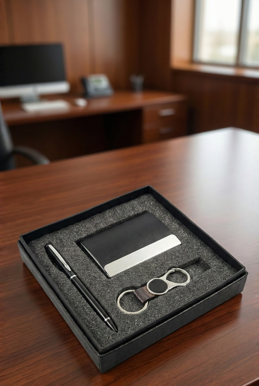 Premium 3-in-1 Executive Branding Gift Set – Customized Pen, Card Holder & Keyring