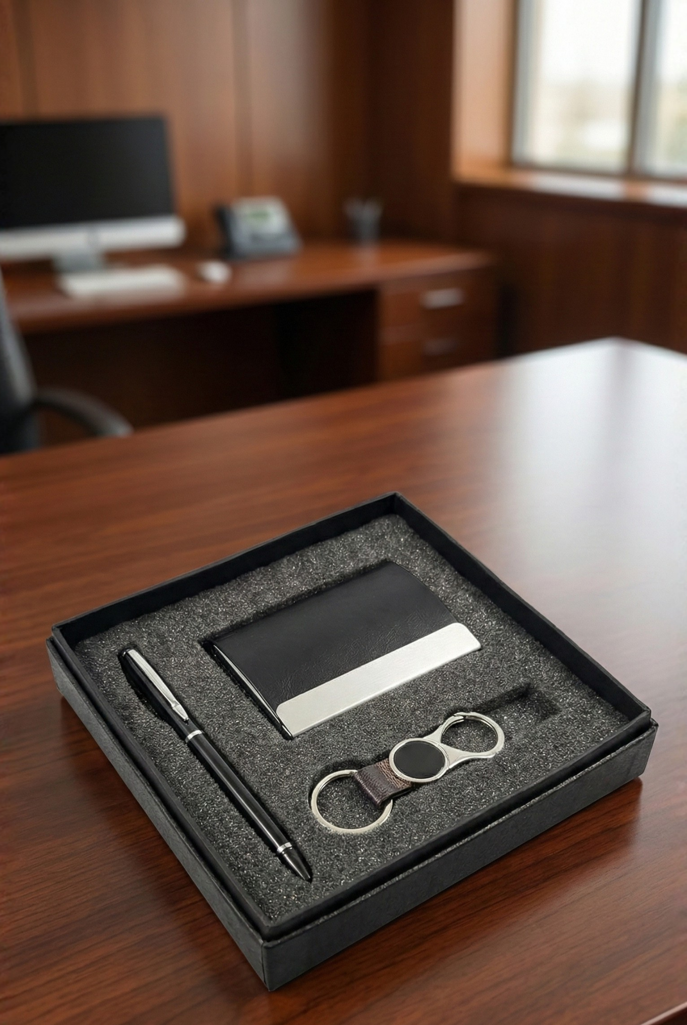 Premium 3-in-1 Executive Branding Gift Set – Customized Pen, Card Holder & Keyring