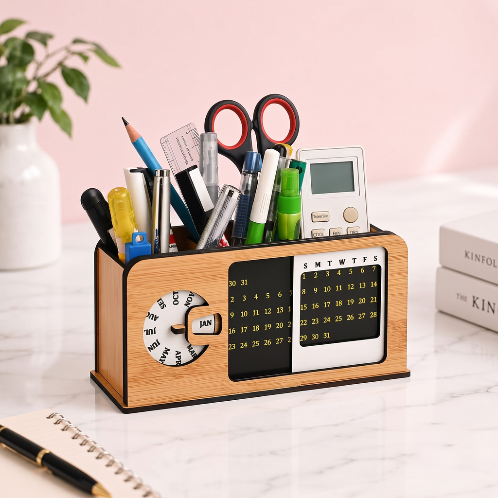 study table decor with lifetime table calendar 2026 unique stationery items radio retro theme with switch button 3d office desk decorative items penstand 3 Compartment(ecofriendly)