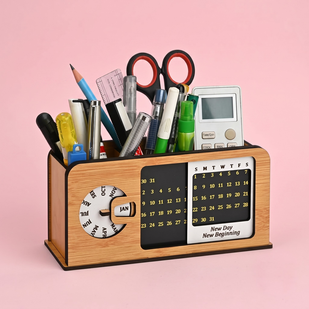 study table decor with lifetime table calendar 2026 unique stationery items radio retro theme with switch button 3d office desk decorative items penstand 3 Compartment(ecofriendly)