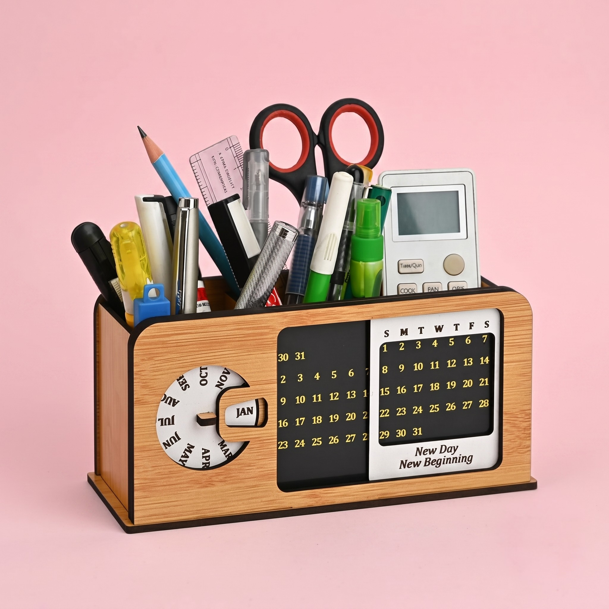 study table decor with lifetime table calendar 2026 unique stationery items radio retro theme with switch button 3d office desk decorative items penstand 3 Compartment(ecofriendly)