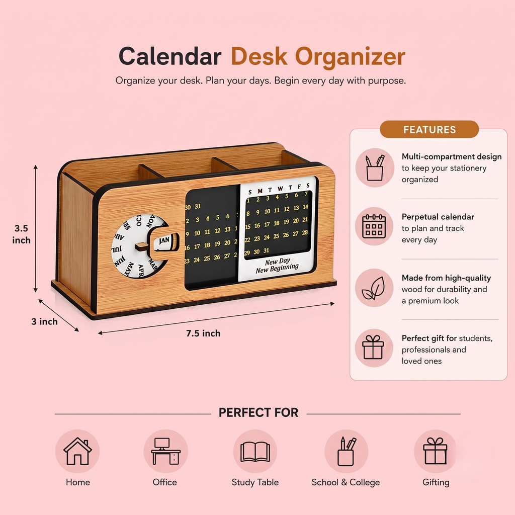 study table decor with lifetime table calendar 2026 unique stationery items radio retro theme with switch button 3d office desk decorative items penstand 3 Compartment(ecofriendly)