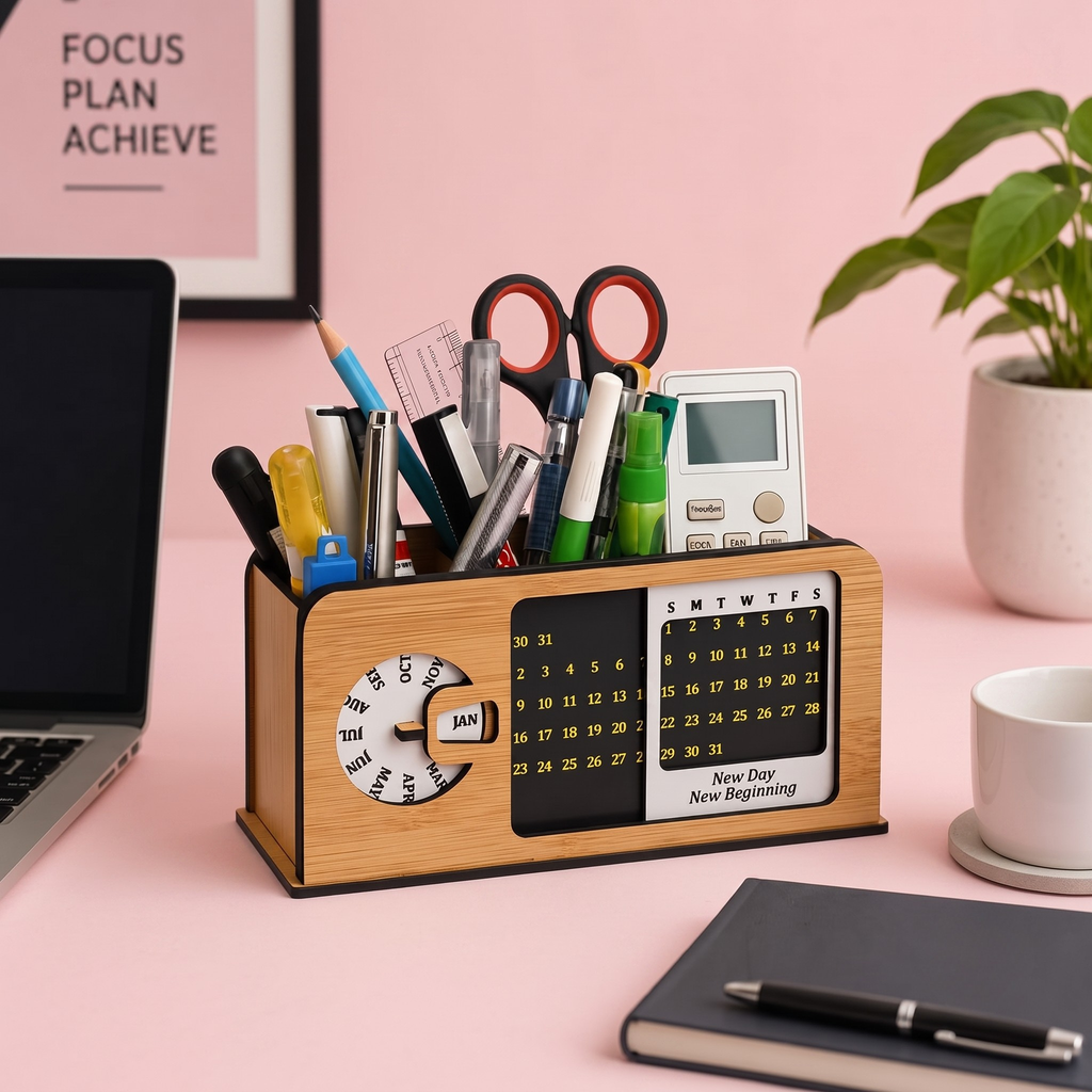 study table decor with lifetime table calendar 2026 unique stationery items radio retro theme with switch button 3d office desk decorative items penstand 3 Compartment(ecofriendly)