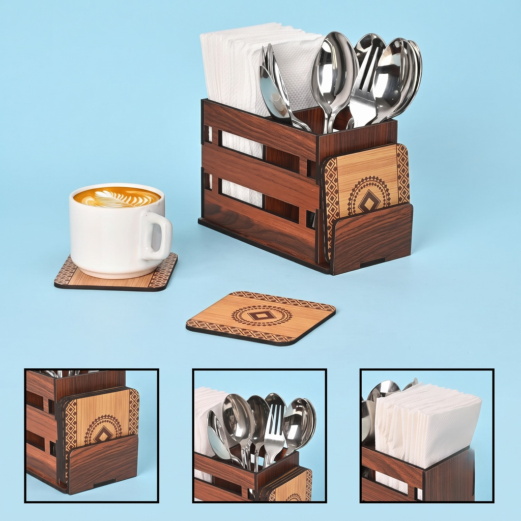 Wooden Cutlery Holder with 3 Compartments & 4 Designer Coasters | Multipurpose Utensil, Tissue & Spoon Stand | Table Organiser for Home, Kitchen, Office