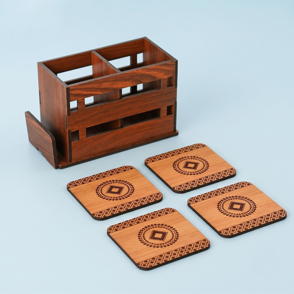 Wooden Cutlery Holder with 3 Compartments & 4 Designer Coasters | Multipurpose Utensil, Tissue & Spoon Stand | Table Organiser for Home, Kitchen, Office