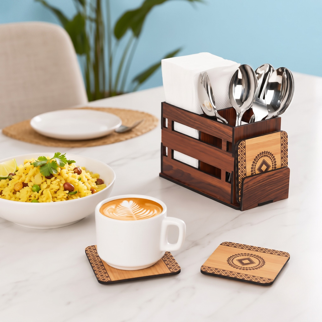 Wooden Cutlery Holder with 3 Compartments & 4 Designer Coasters | Multipurpose Utensil, Tissue & Spoon Stand | Table Organiser for Home, Kitchen, Office