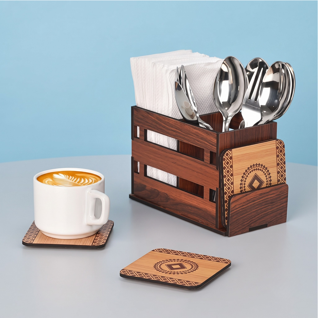 Wooden Cutlery Holder with 3 Compartments & 4 Designer Coasters | Multipurpose Utensil, Tissue & Spoon Stand | Table Organiser for Home, Kitchen, Office