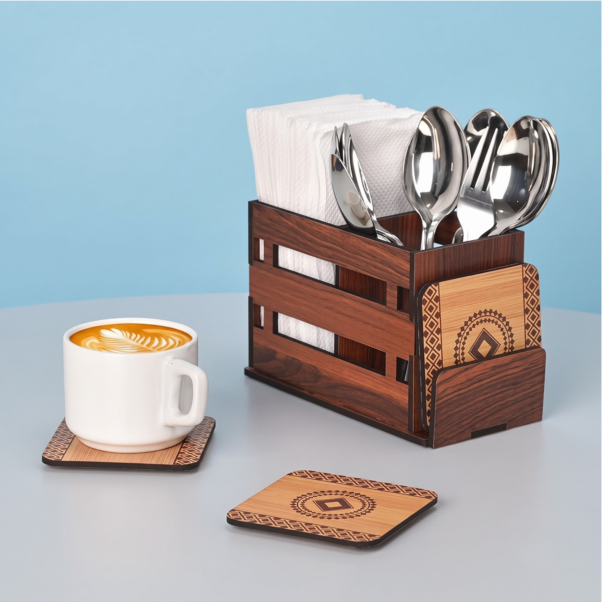 Wooden Cutlery Holder with 3 Compartments & 4 Designer Coasters | Multipurpose Utensil, Tissue & Spoon Stand | Table Organiser for Home, Kitchen, Office