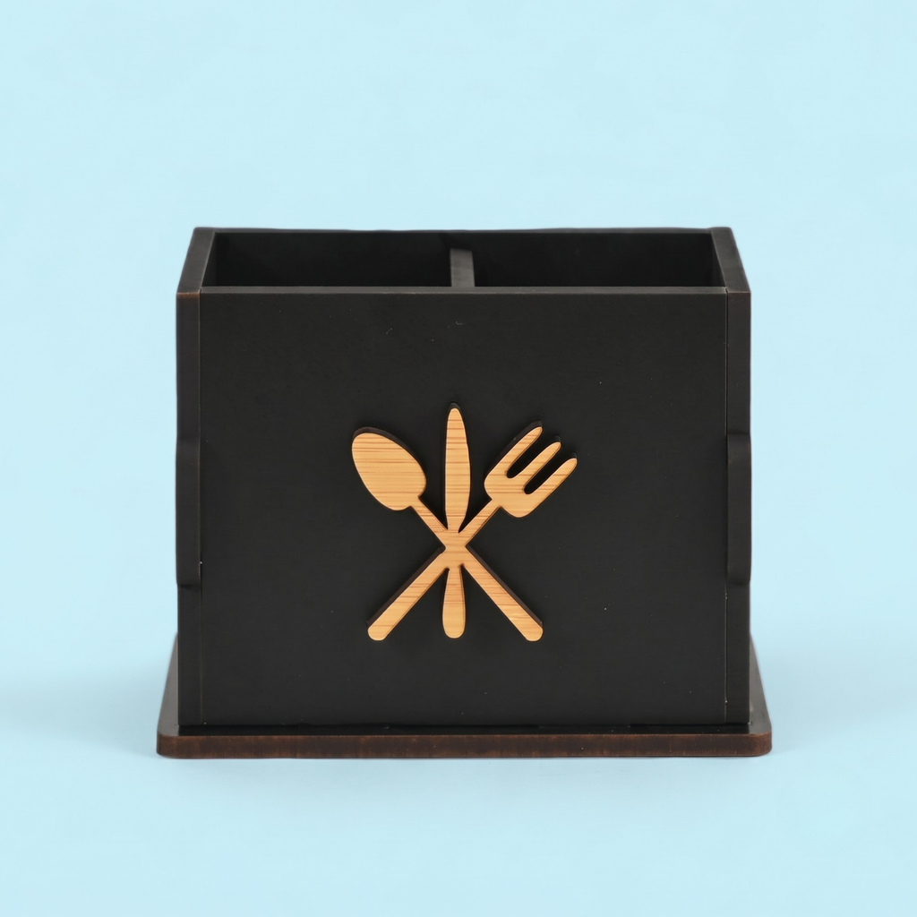 Wooden Cutlery Stand for Kitchen & Dining Table, 2 Compartments - Spoon, Knife & Fork Holder, Spoon Stand, Spoon Organizer (Black) Eco Friendly