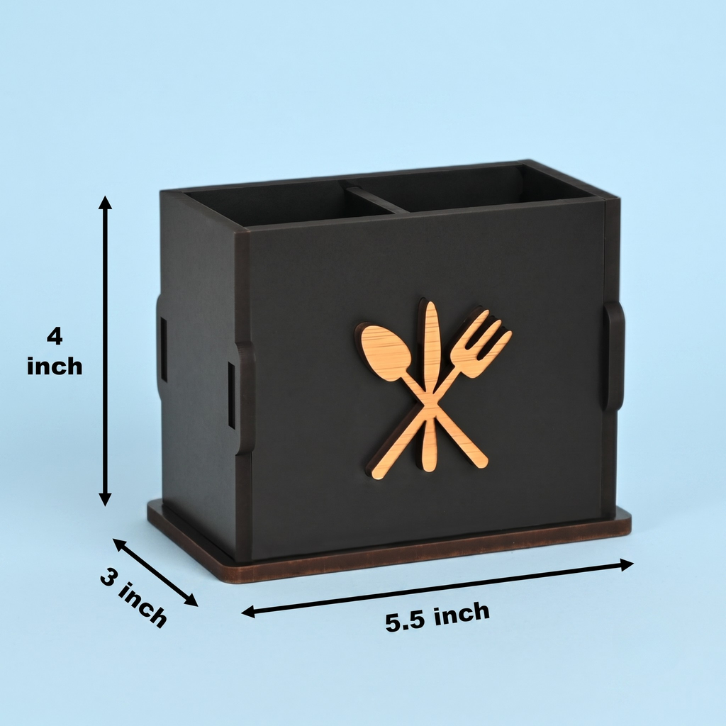 Wooden Cutlery Stand for Kitchen & Dining Table, 2 Compartments - Spoon, Knife & Fork Holder, Spoon Stand, Spoon Organizer (Black) Eco Friendly