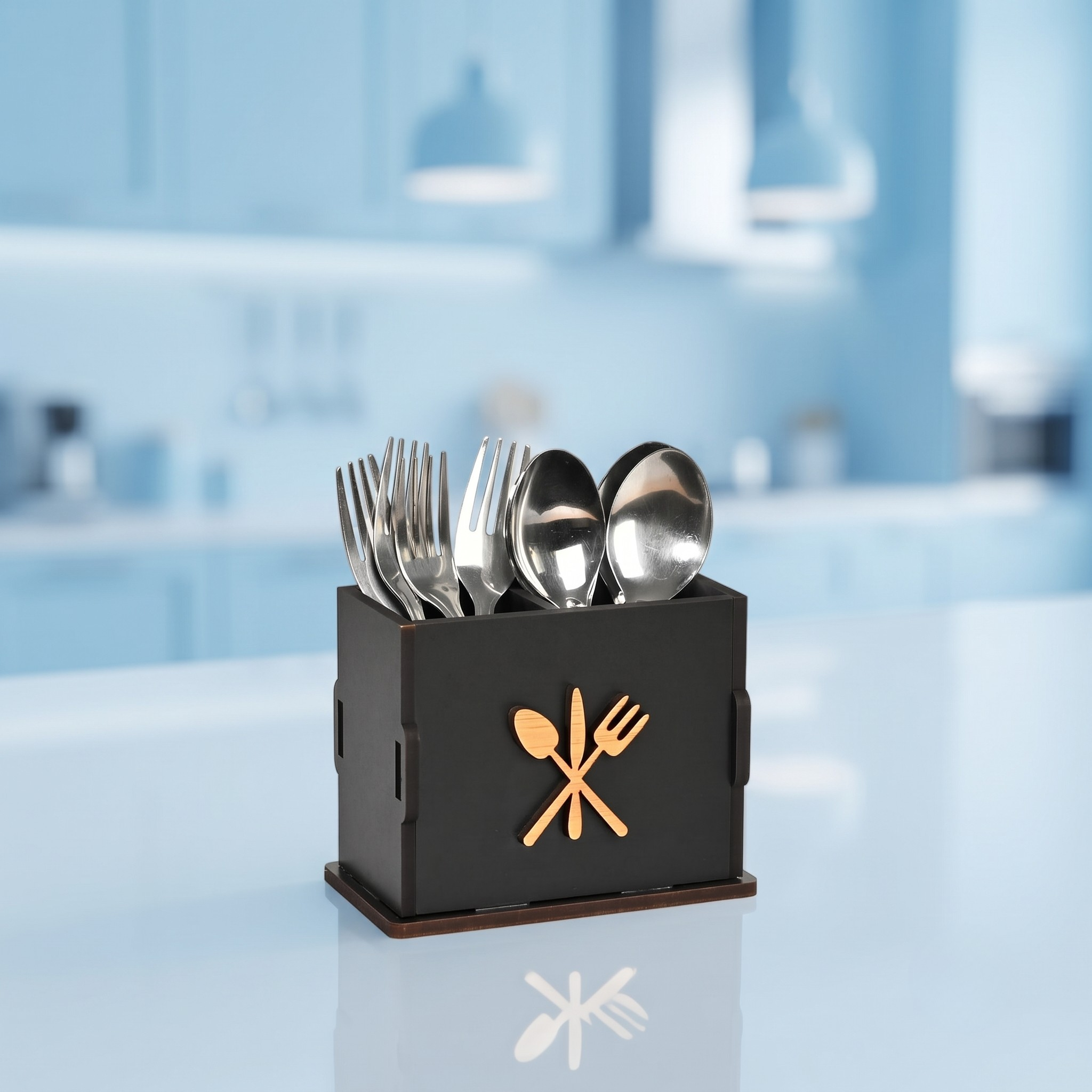 Wooden Cutlery Stand for Kitchen & Dining Table, 2 Compartments - Spoon, Knife & Fork Holder, Spoon Stand, Spoon Organizer (Black) Eco Friendly