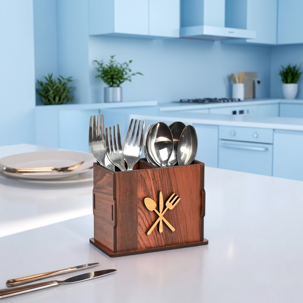 Wooden Cutlery Stand for Kitchen & Dining Table, 2 Compartments - Spoon, Knife & Fork Holder, Spoon Stand, Spoon Organizer (Wood) Eco Friendly