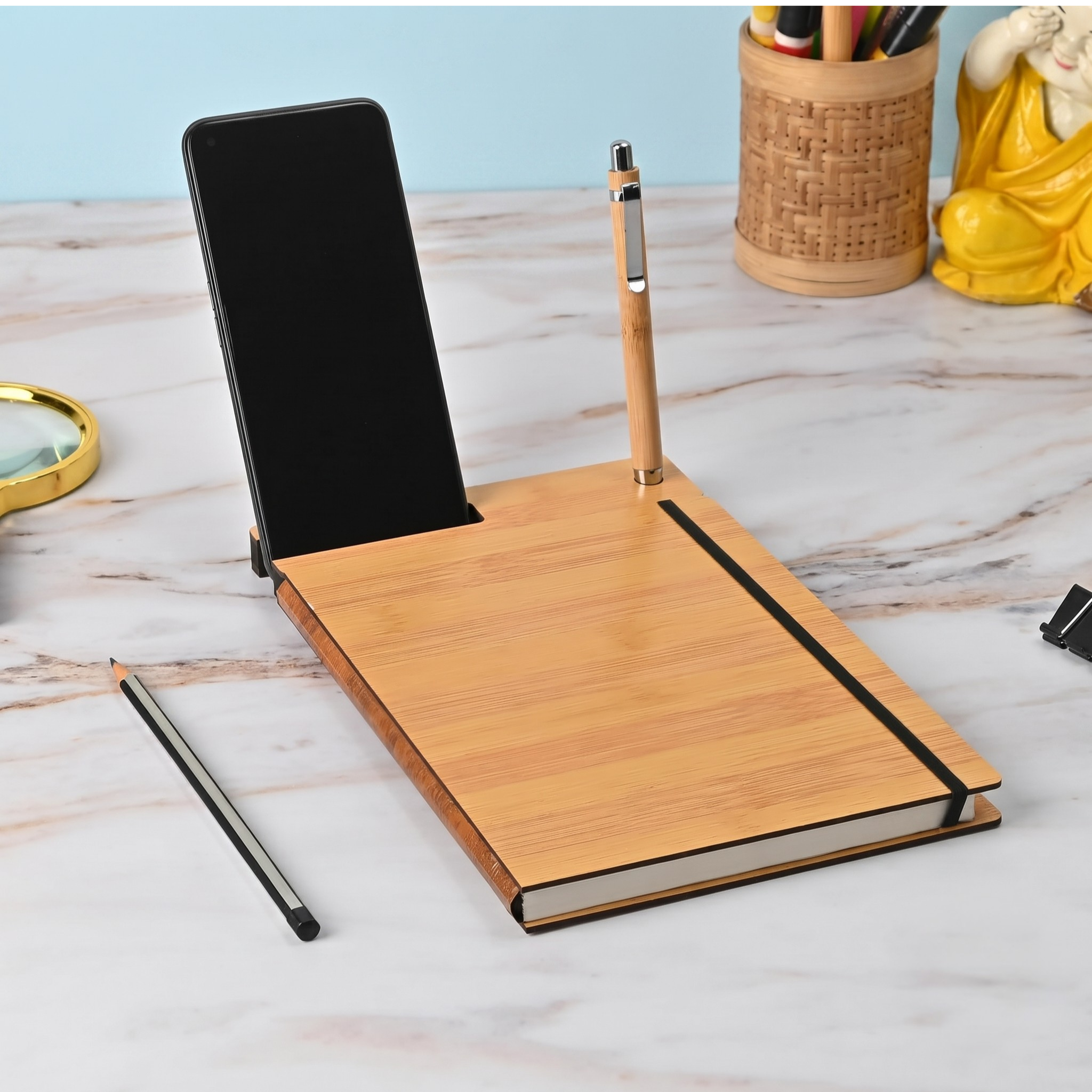 Wooden Diary with Mobile Holder & Pen Stand | Executive Notebook | Useful Gift For Office, Corporate Gift & Personal Use (Bamboo)