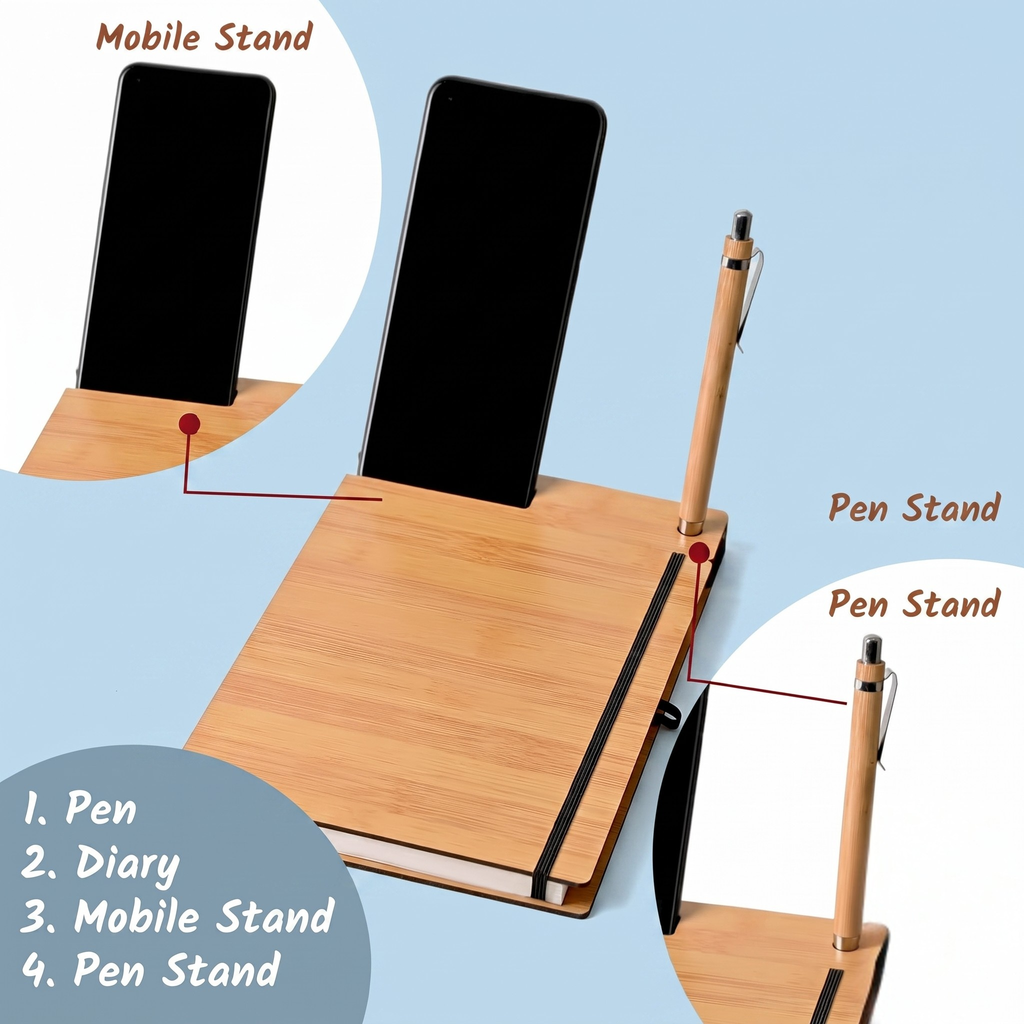 Wooden Diary with Mobile Holder & Pen Stand | Executive Notebook | Useful Gift For Office, Corporate Gift & Personal Use (Bamboo)