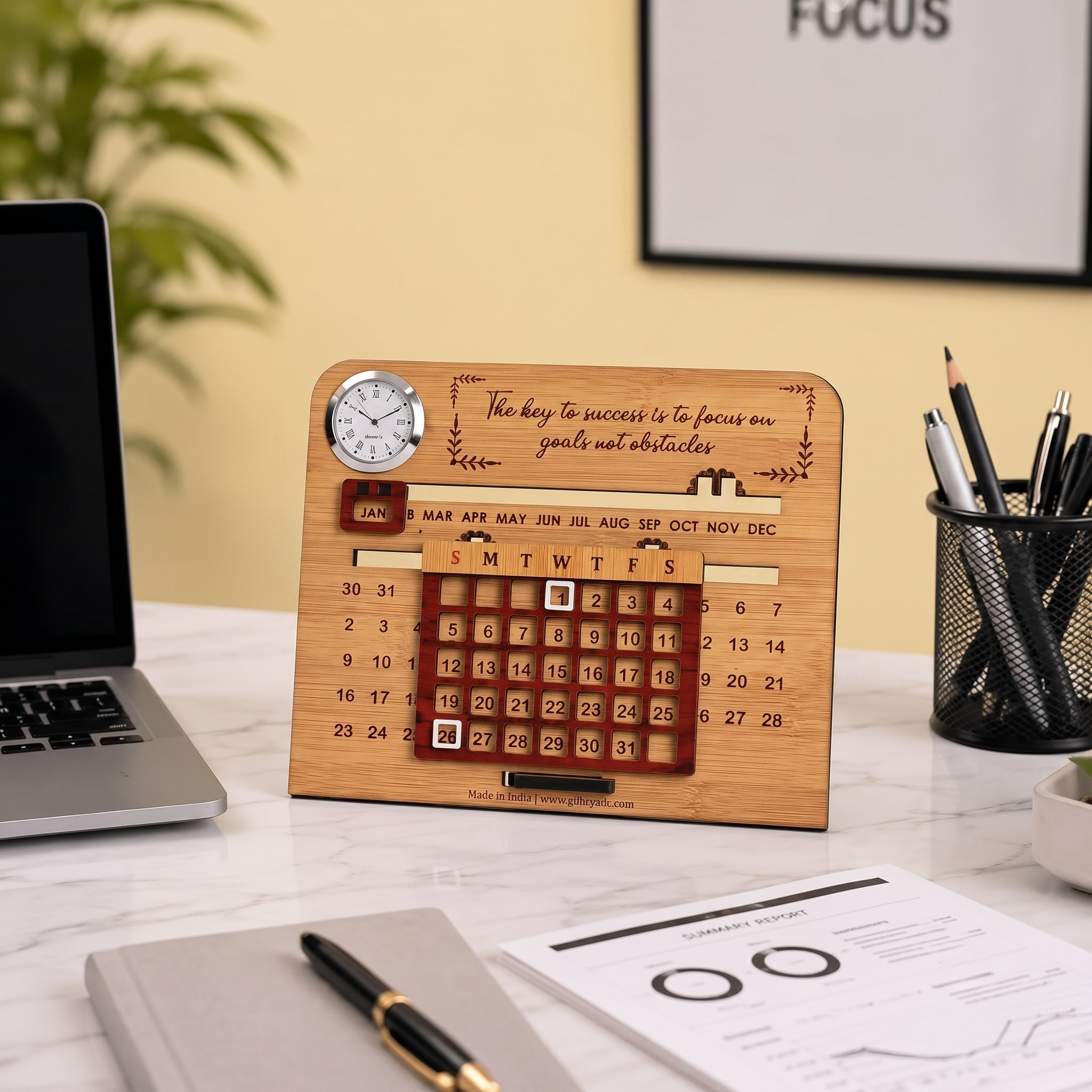 Wooden Lifetime Desk Calendar with Clock | Slide Calendar for Home & Office | Reusable Perpetual Calendar 2026 with Date Highlighter, Quote & Stand | Motivational Quote (Key - Clock)