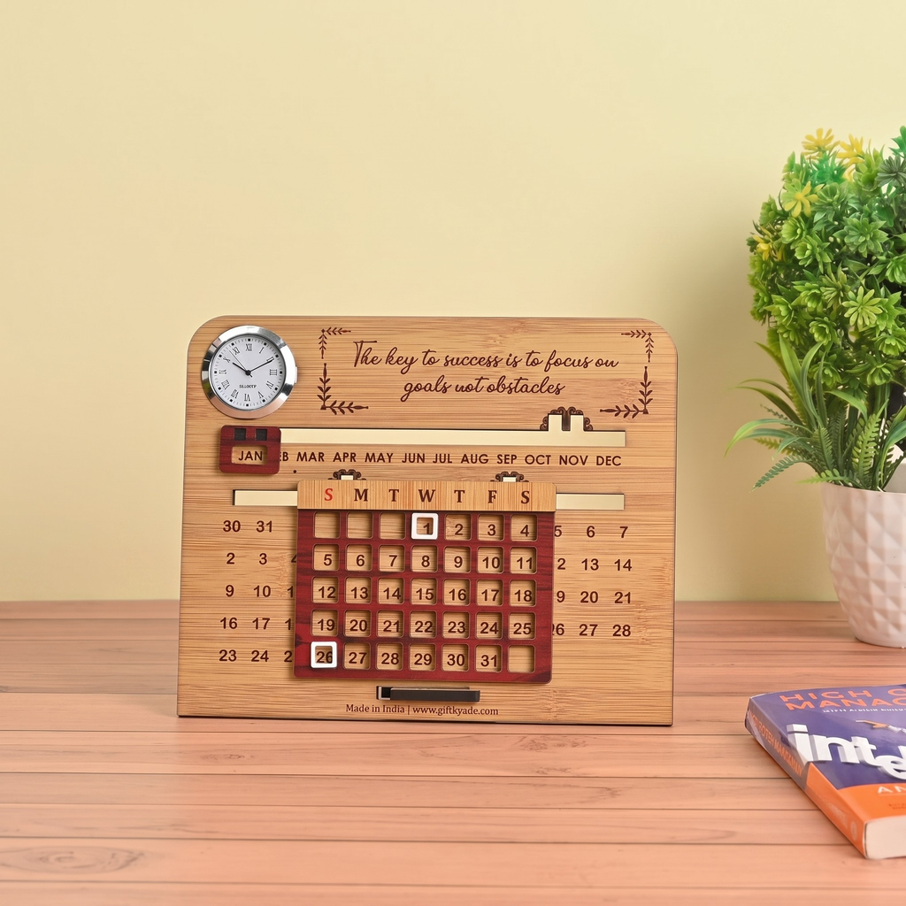 Wooden Lifetime Desk Calendar with Clock | Slide Calendar for Home & Office | Reusable Perpetual Calendar 2026 with Date Highlighter, Quote & Stand | Motivational Quote (Key - Clock)