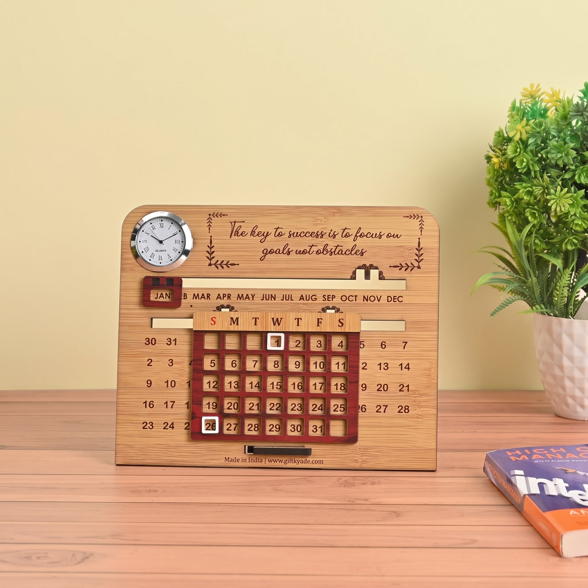 Wooden Lifetime Desk Calendar with Clock | Slide Calendar for Home & Office | Reusable Perpetual Calendar 2026 with Date Highlighter, Quote & Stand | Motivational Quote (Key - Clock)