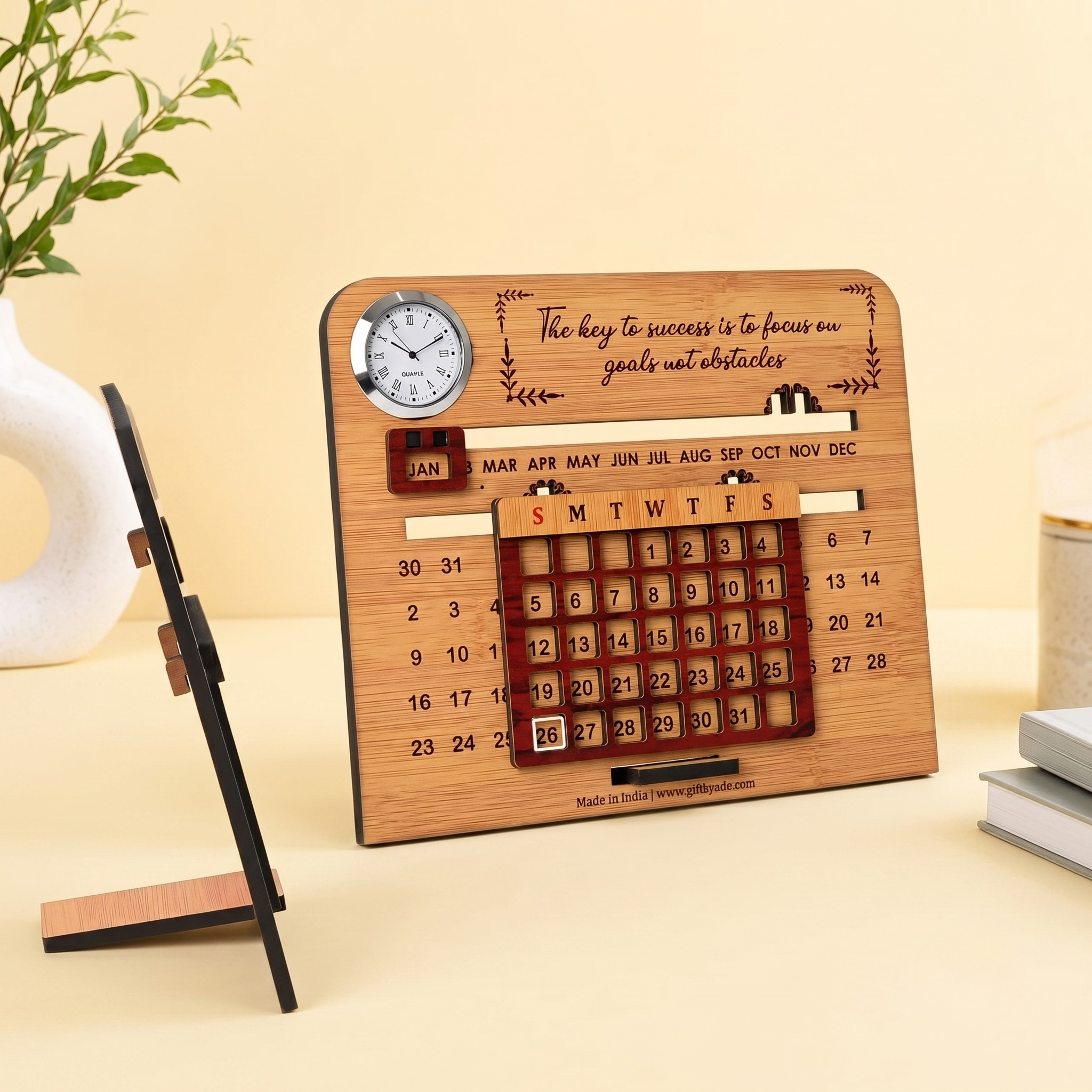 Wooden Lifetime Desk Calendar with Clock | Slide Calendar for Home & Office | Reusable Perpetual Calendar 2026 with Date Highlighter, Quote & Stand | Motivational Quote (Key - Clock)