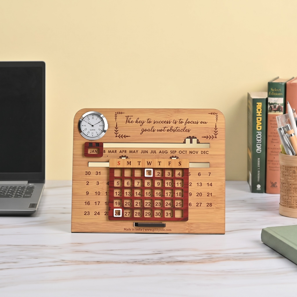 Wooden Lifetime Desk Calendar with Clock | Slide Calendar for Home & Office | Reusable Perpetual Calendar 2026 with Date Highlighter, Quote & Stand | Motivational Quote (Key - Clock)