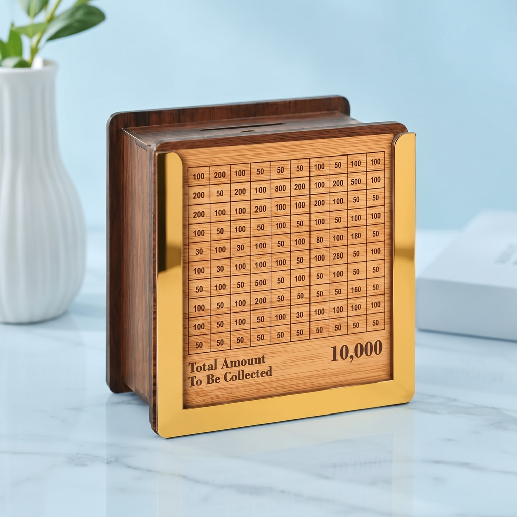 Wooden Piggy Bank for Kids & Adults | Wooden Money Saving Bank with ₹50, ₹100, ₹500 Tracker | Handmade Coin Bank | Smart Savings Goal ₹1,0,000 | Home, Office & Gift Use (Small)