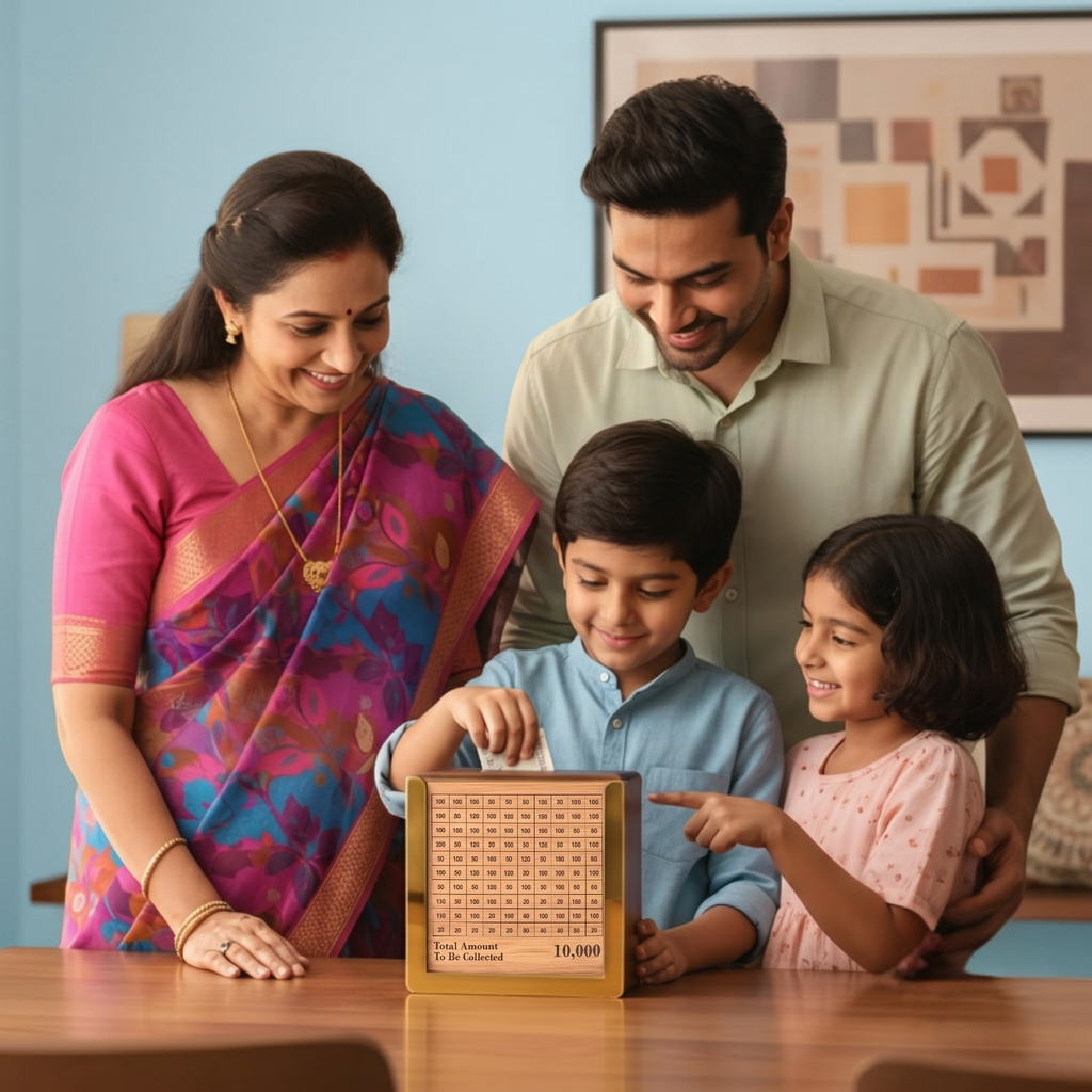 Wooden Piggy Bank for Kids & Adults | Wooden Money Saving Bank with ₹50, ₹100, ₹500 Tracker | Handmade Coin Bank | Smart Savings Goal ₹1,0,000 | Home, Office & Gift Use (Small)