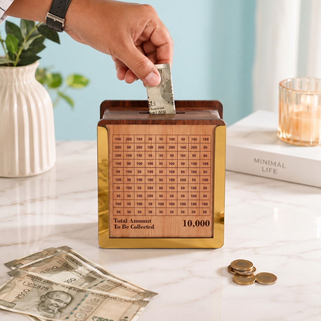 Wooden Piggy Bank for Kids & Adults | Wooden Money Saving Bank with ₹50, ₹100, ₹500 Tracker | Handmade Coin Bank | Smart Savings Goal ₹1,0,000 | Home, Office & Gift Use (Small)
