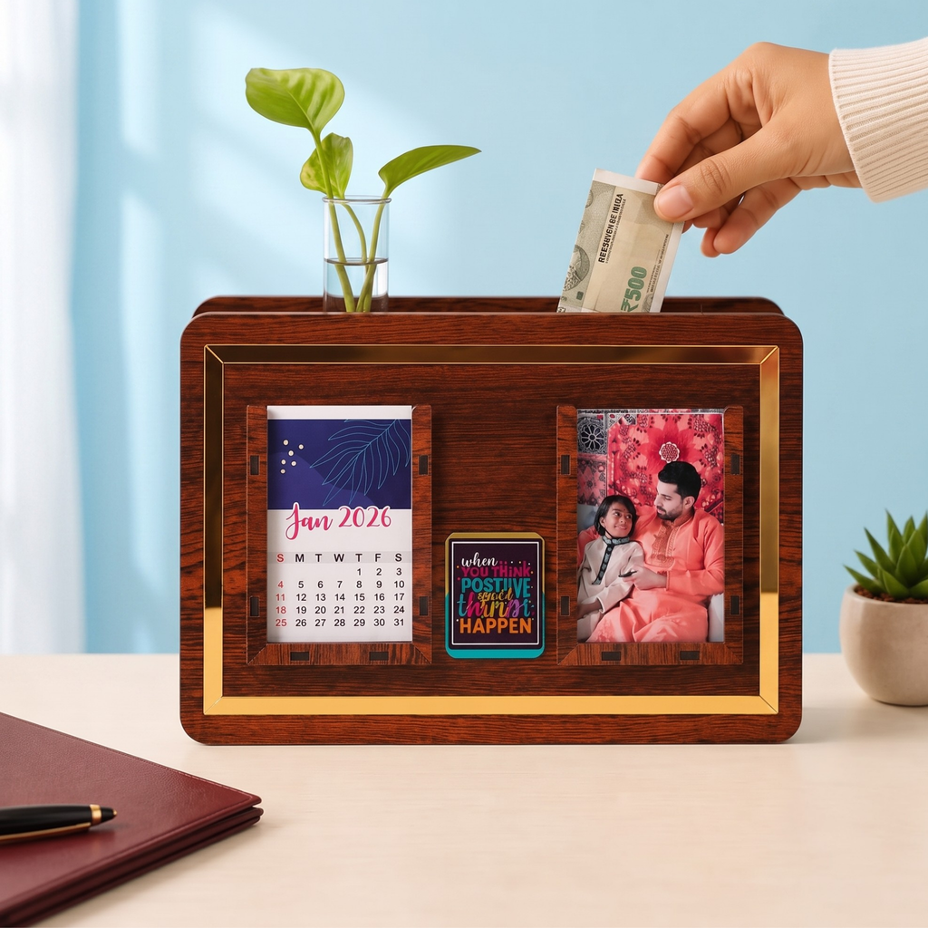 Wooden Piggy Bank with Planter, Calendar, Clock & Custom Photo | Smart Savings Tracker 1,00,000 with 50, 100, 500 Marking | Money Saving Box for Home, Office, & Desk Organizer Gift
