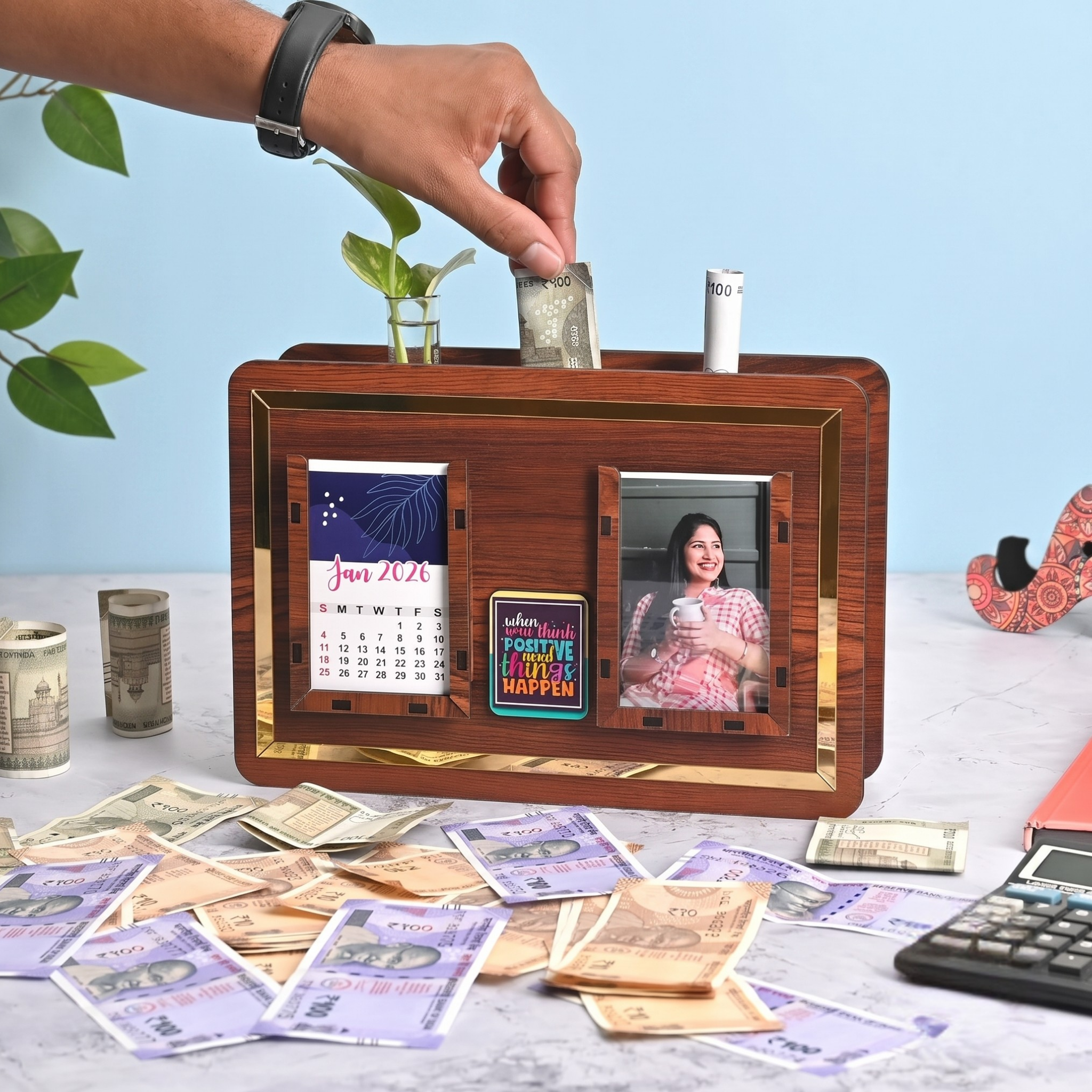 Wooden Piggy Bank with Planter, Calendar, Clock & Custom Photo | Smart Savings Tracker 1,00,000 with 50, 100, 500 Marking | Money Saving Box for Home, Office, & Desk Organizer Gift