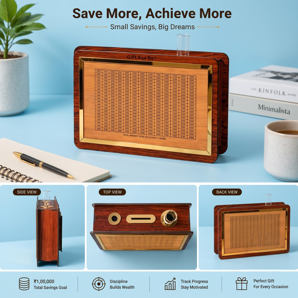 Wooden Piggy Bank with Planter, Calendar, Clock & Custom Photo | Smart Savings Tracker 1,00,000 with 50, 100, 500 Marking | Money Saving Box for Home, Office, & Desk Organizer Gift