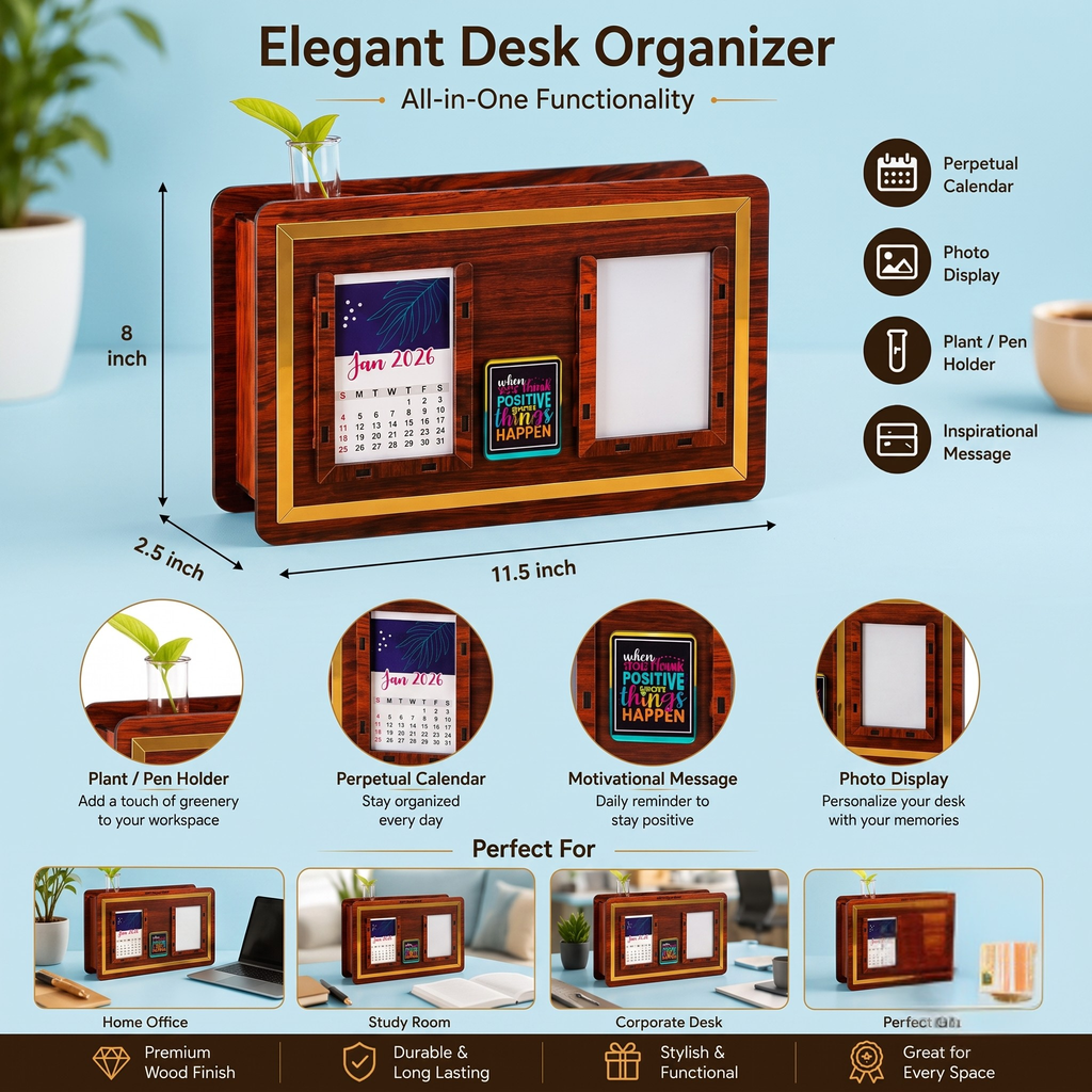 Wooden Piggy Bank with Planter, Calendar, Clock & Custom Photo | Smart Savings Tracker 1,00,000 with 50, 100, 500 Marking | Money Saving Box for Home, Office, & Desk Organizer Gift