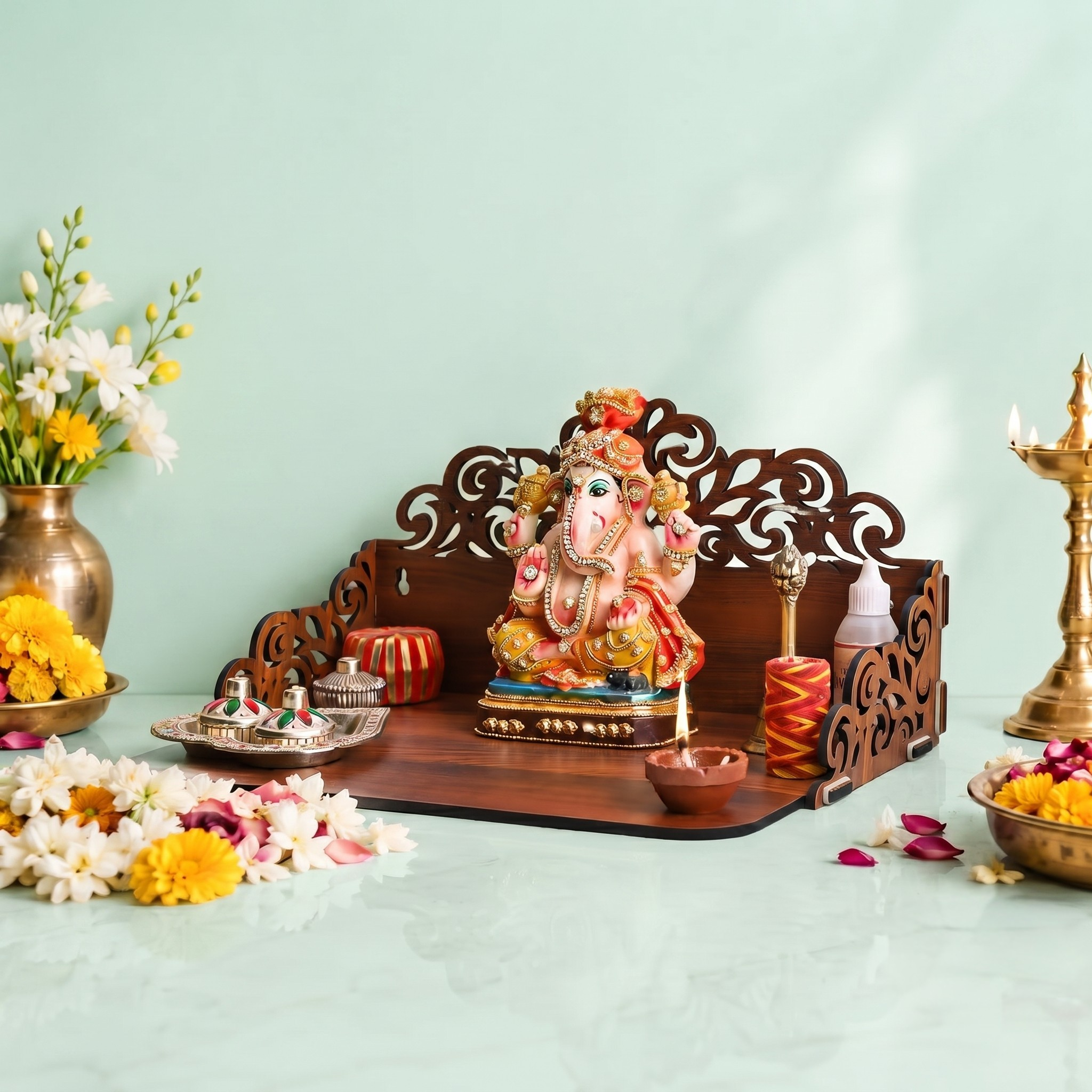 Wooden Pooja Mandir for Home Wall | Small Temple for Office & Room | Indian Wooden Temple for Table or Shelf | Compact DIY Mandir | 12x9x6 Inch | Classic Design