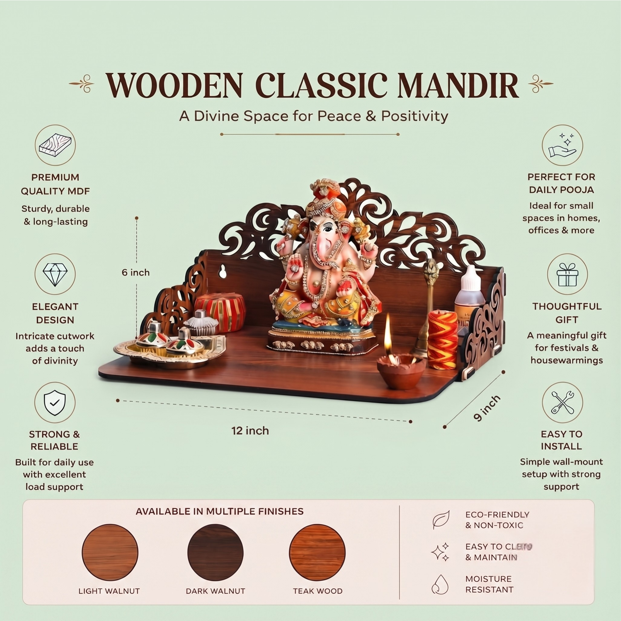 Wooden Pooja Mandir for Home Wall | Small Temple for Office & Room | Indian Wooden Temple for Table or Shelf | Compact DIY Mandir | 12x9x6 Inch | Classic Design