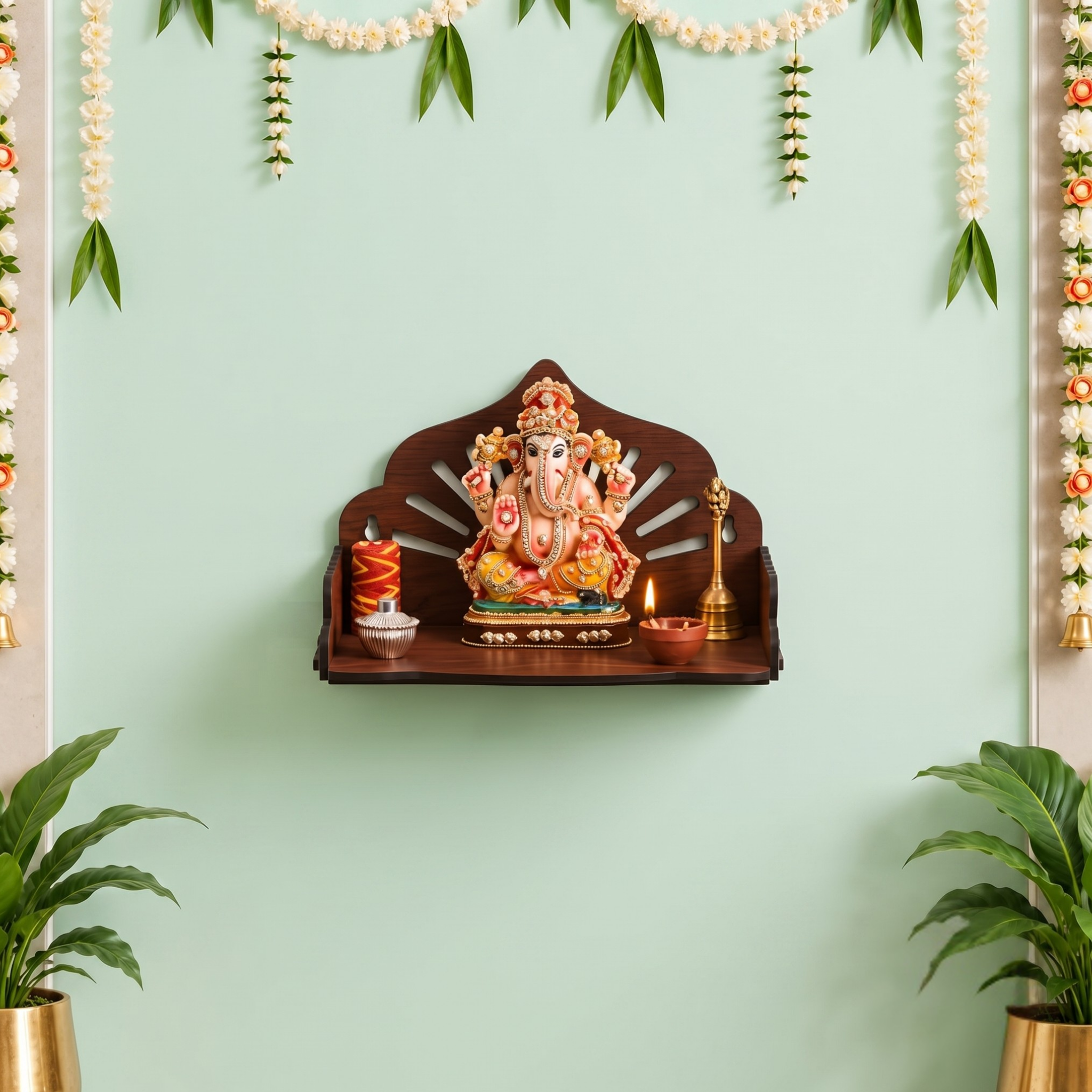 Wooden Pooja Mandir for Home | Wall Hanging or Tabletop Temple for Office, Flat, or Room | Small Indian Wooden Temple Shelf | Compact DIY OM Mandir | 10x6x6.5 Inch