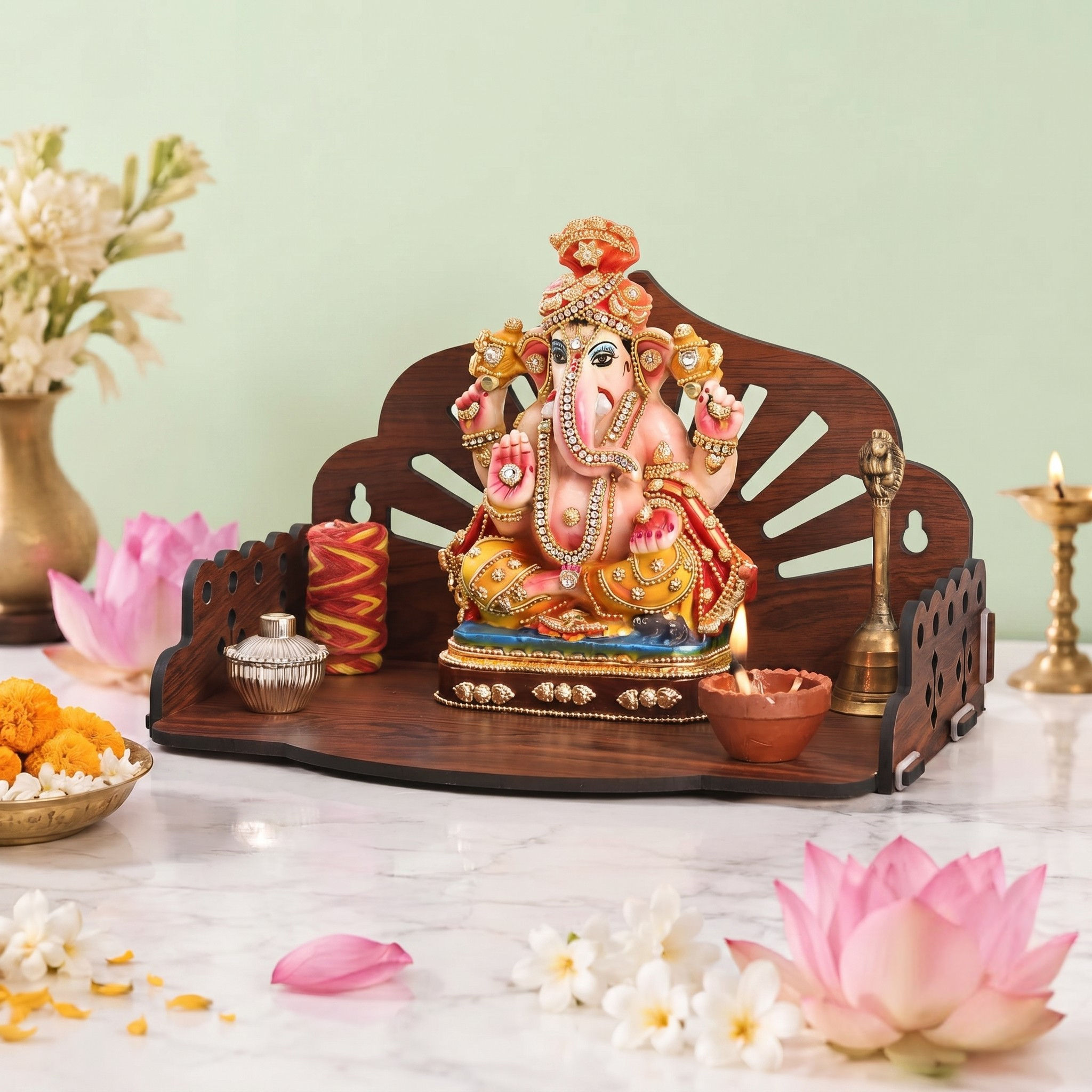 Wooden Pooja Mandir for Home | Wall Hanging or Tabletop Temple for Office, Flat, or Room | Small Indian Wooden Temple Shelf | Compact DIY OM Mandir | 10x6x6.5 Inch