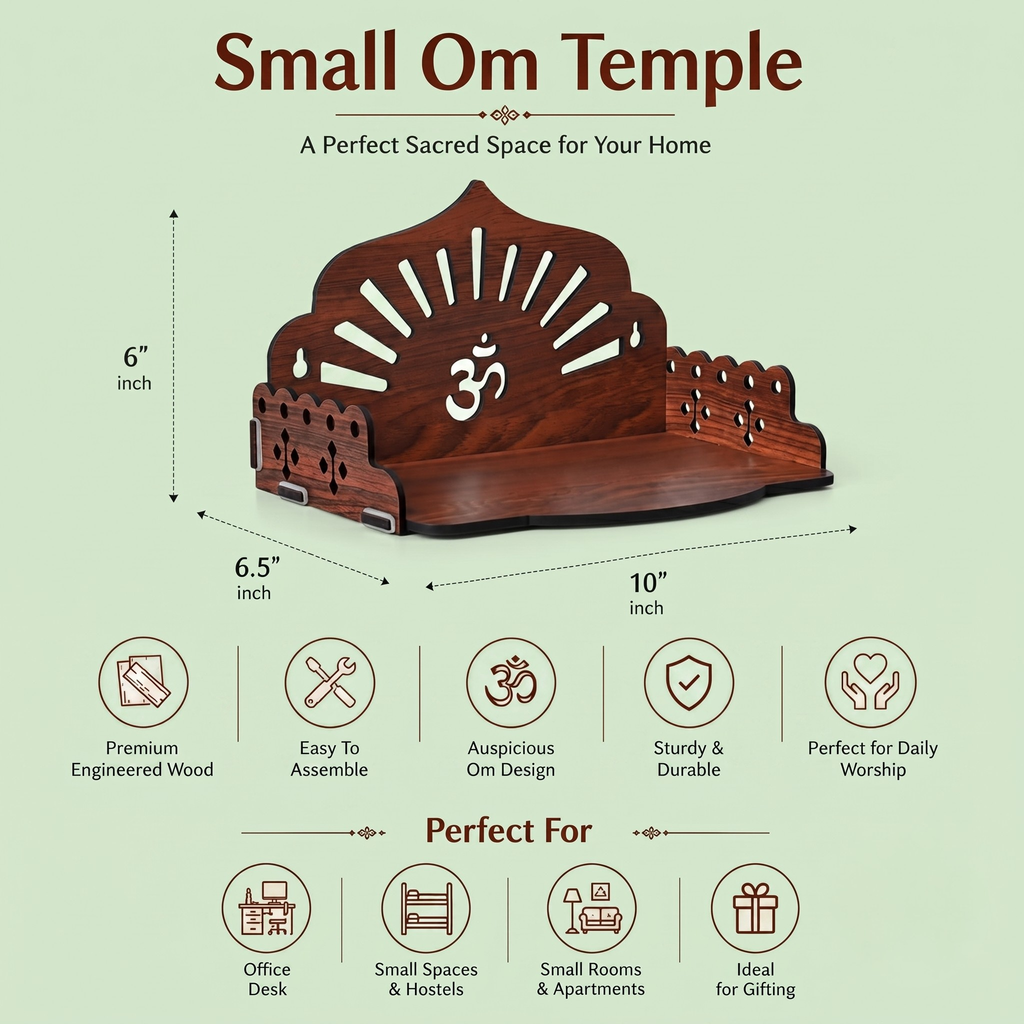 Wooden Pooja Mandir for Home | Wall Hanging or Tabletop Temple for Office, Flat, or Room | Small Indian Wooden Temple Shelf | Compact DIY OM Mandir | 10x6x6.5 Inch