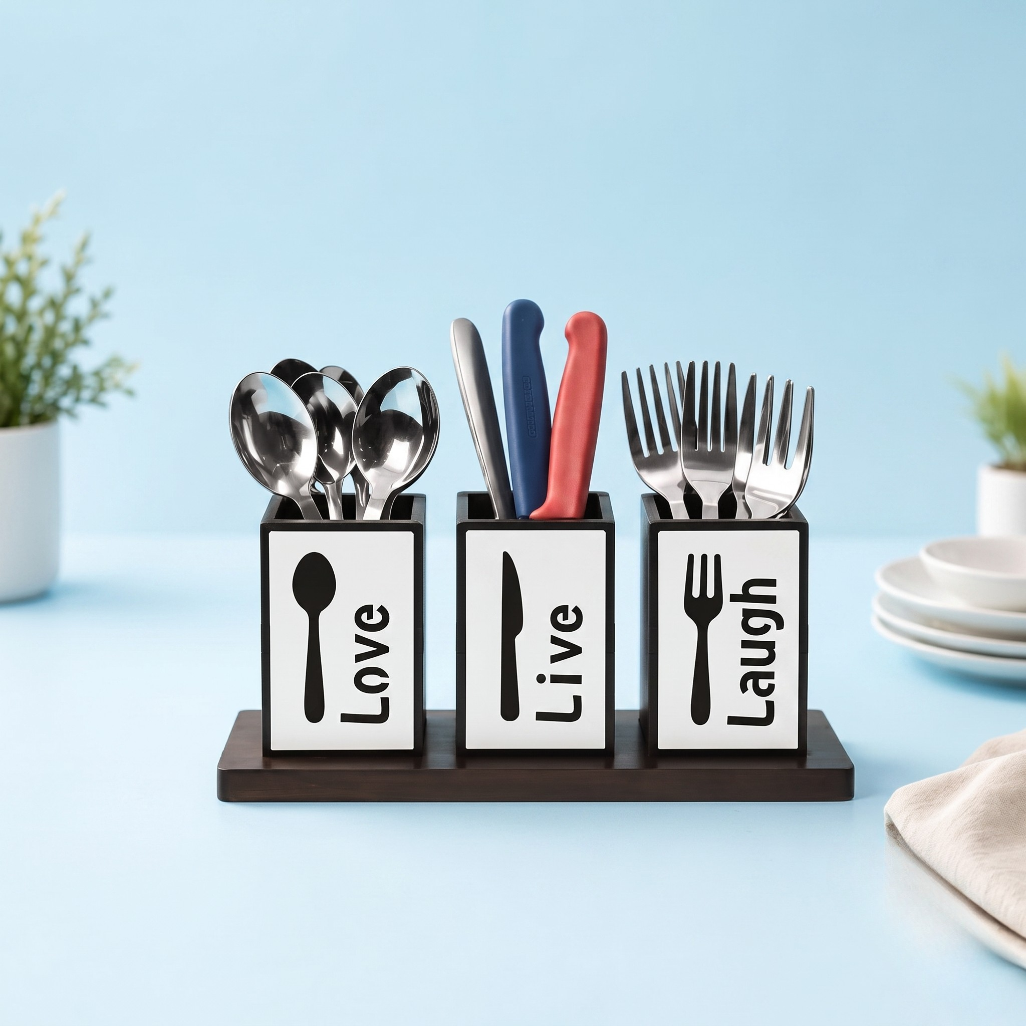 Wooden Spoon Holder for Kitchen Counter, 3 Section Cutlery Stand Organizer for Spoon Knife Fork, MDF Wood Utensil Holder with Base for Dining Table & Kitchen (Made in India)