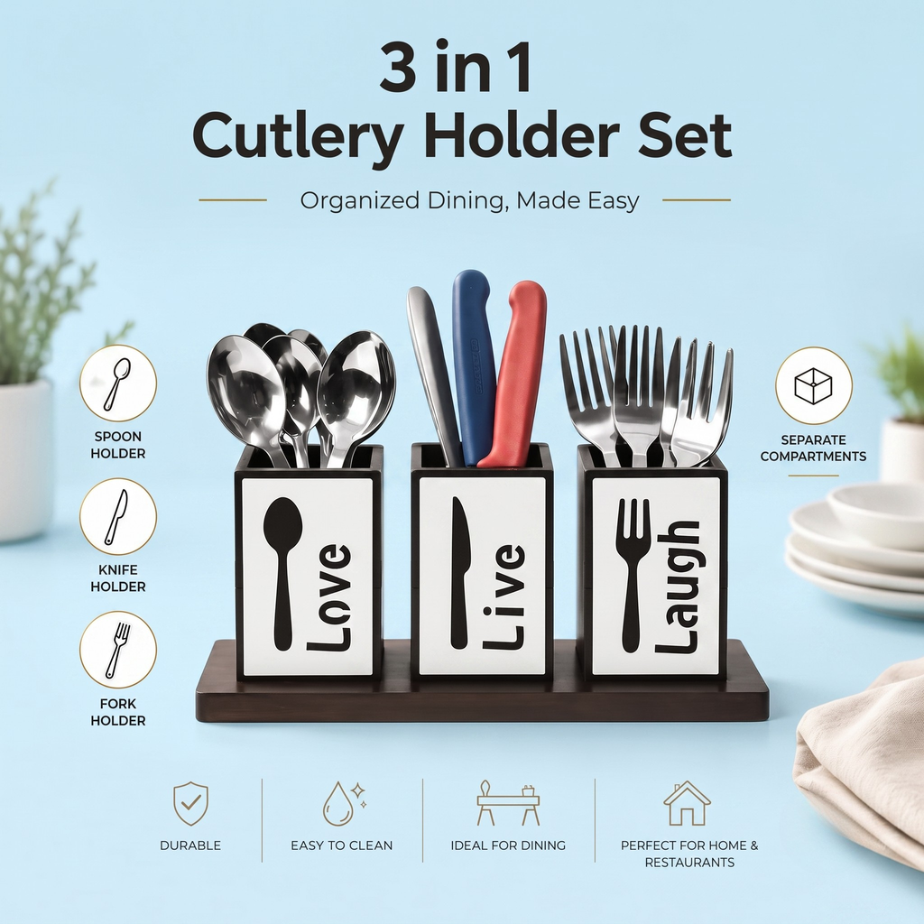 Wooden Spoon Holder for Kitchen Counter, 3 Section Cutlery Stand Organizer for Spoon Knife Fork, MDF Wood Utensil Holder with Base for Dining Table & Kitchen (Made in India)