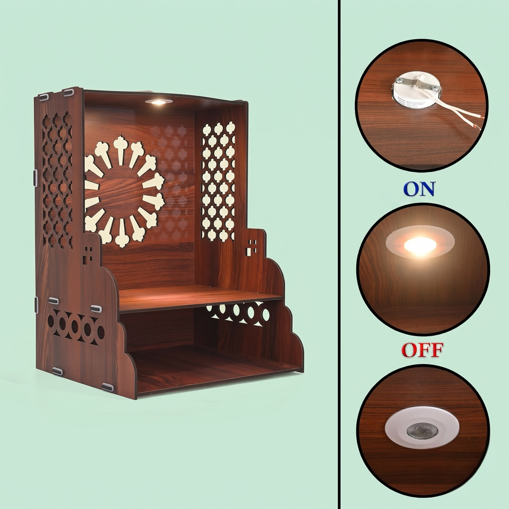Wooden Temple for Home | Pooja Mandir with LED Light, Drawer & Shelves | Wall Mounted or Tabletop Mandir with OM Logo (DIY - H-15 x L-12 x W-10 Inch)