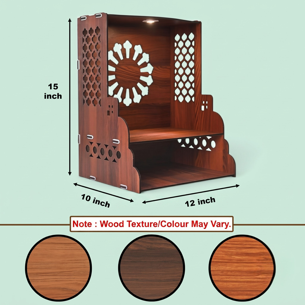 Wooden Temple for Home | Pooja Mandir with LED Light, Drawer & Shelves | Wall Mounted or Tabletop Mandir with OM Logo (DIY - H-15 x L-12 x W-10 Inch)